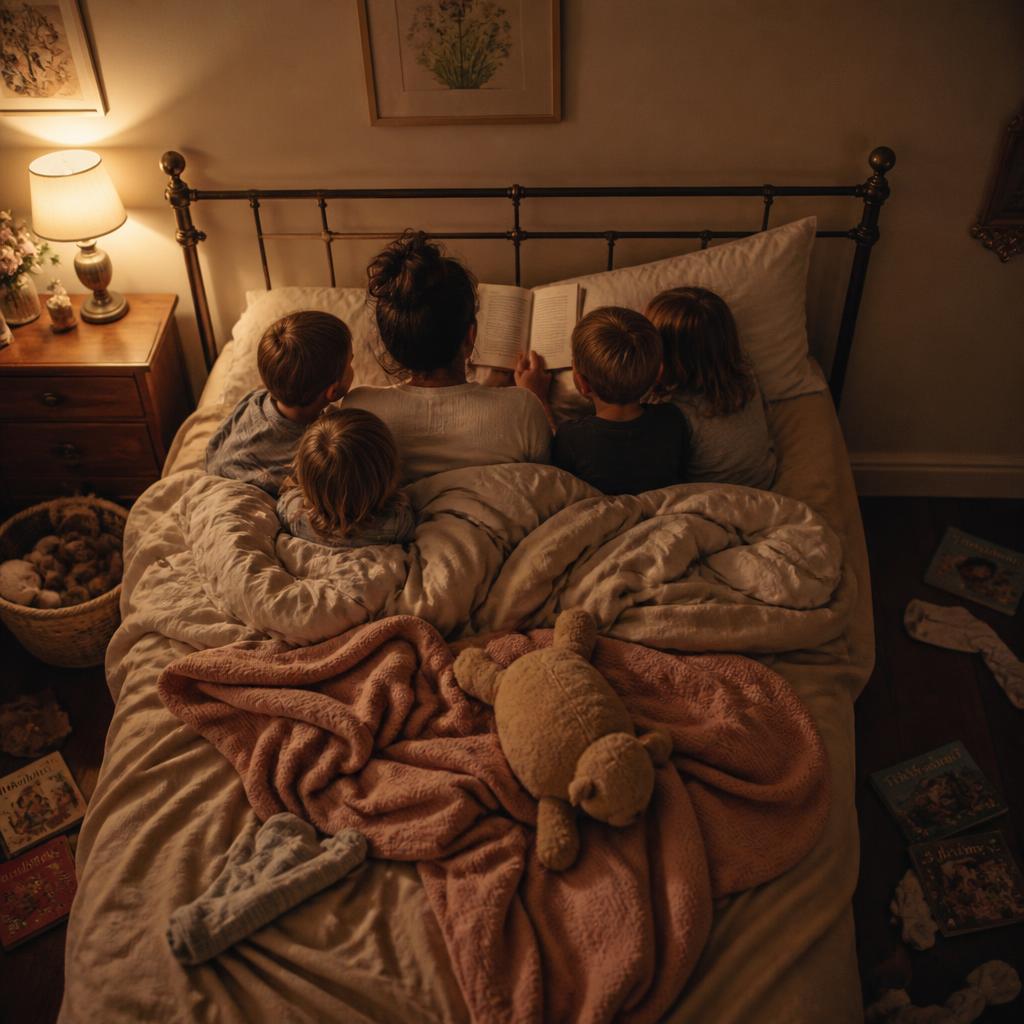 Mutter liest vier Kindern im Bett vor, von hinten gesehen, warmes Abendlicht