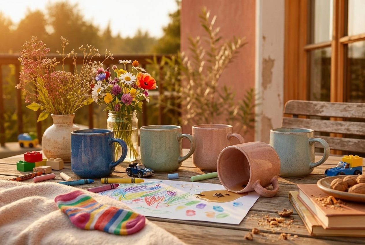 Sonnige Terrasse mit vier Tassen, Bauklötzen, Kreide und Kinderkritzeleien
